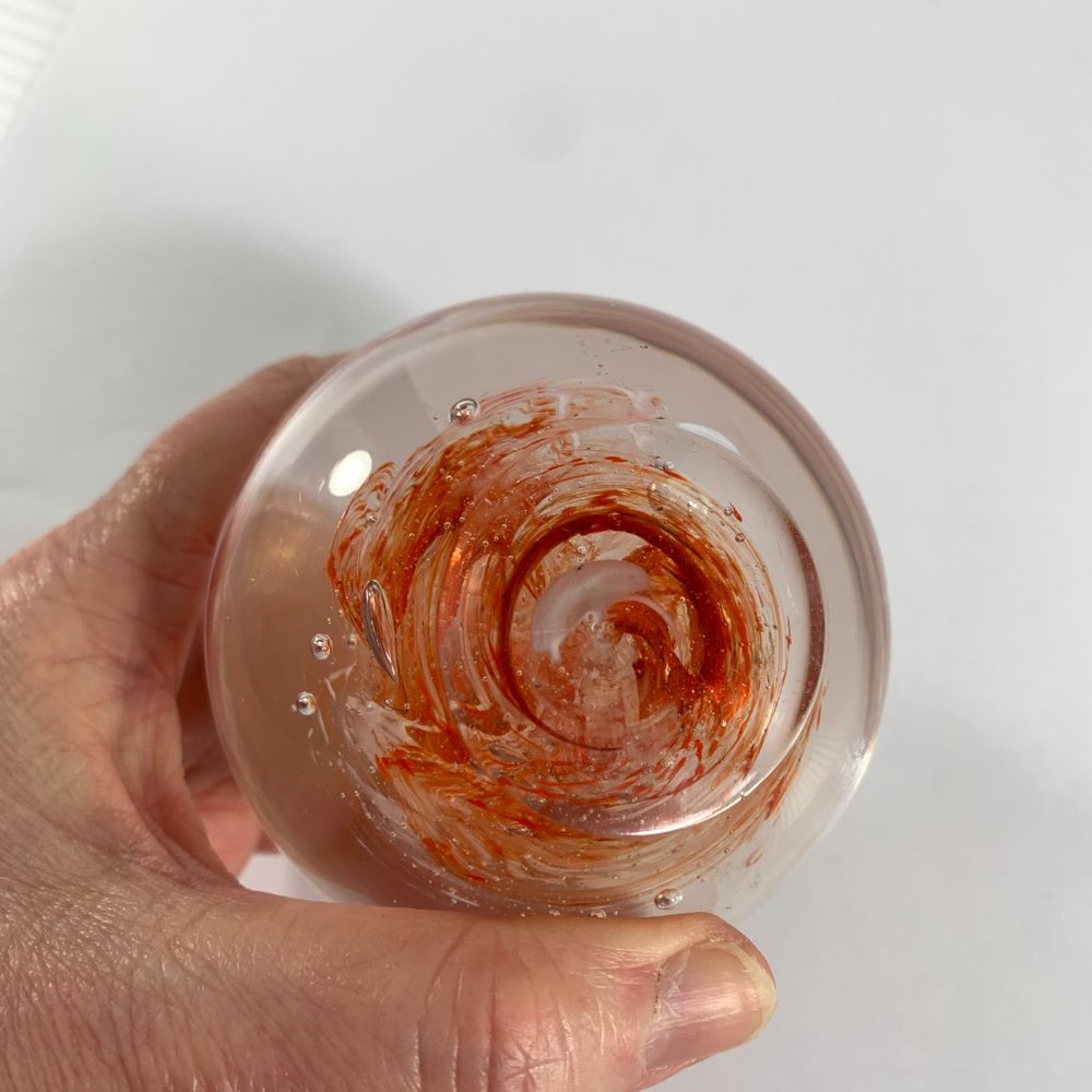 Round Art Glass Paperweight Clear Orange White Swirl Ball Bubbles 10" Around - Picture 7 of 9